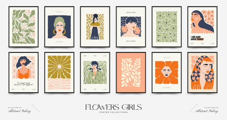 Abstract floral and women posters template. Modern trendy Matisse minimal style. Cute girl and fashion. Hand drawn design for wallpaper, wall decor, print, postcard, cover, template, banner. 