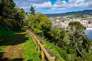 Fototapeta na wymiar City of Angra do Heroismo. View from Monte Brasil. Historic fortified city and the capital of the Portuguese island of Terceira. Autonomous Region of the Azores. Portugal.