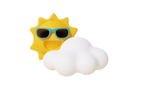 3d Sun character wearing sunglasses with cloud, Summer tropical sand beach on a sunny day. Summer vacation. 3d rendering.