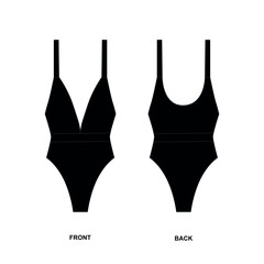 Technical drawing of a fashionable women's swimsuit with straps. Drawing of a black-colored women's piece swimsuit. Vector template of a trendy swimsuit for a lady, front and back view.