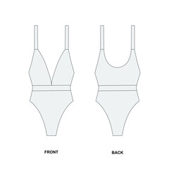 Outline drawing of a women's piece swimsuit. Technical drawing of a fashionable women's swimsuit with straps. Vector template of a trendy white swimsuit, front and back view.