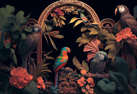 Vintage background. Creative retro but contemporary abstract pop art collage style of flora and fauna, antique pillars, leaves and tropical birds on a black background. Generative AI