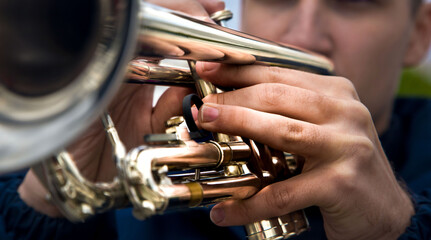 Obraz na płótnie Canvas close-up of the hands of a street musician holding a gold-colored pump-action trumpet