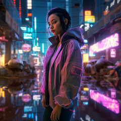 Obraz premium Generative ai woman wearing holographic clothes in cyberpunk neon city