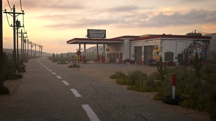 Vintage gas station by an empty western desert road. 3D rendering.