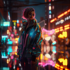 Fototapeta premium Generative ai woman wearing holographic clothes in cyberpunk neon city