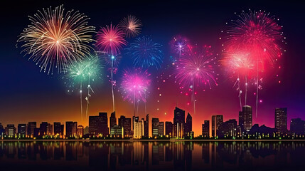 Fototapeta na wymiar Fireworks, Big colorful fireworks and city night view. generative AI