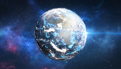 Planet earth with city lights and clouds in space with stars. 3d illustration