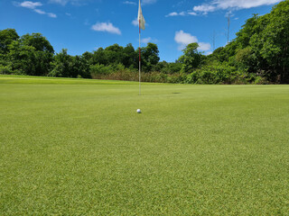 Obraz premium Golf ball in front of a flag on green