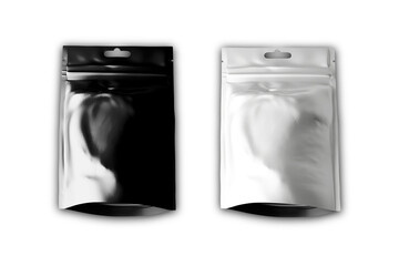 Blank black and white foil coffee or tea packaging bag isolated on white background. Food or pet food ziplock pouch package mockup. 3d rendering.