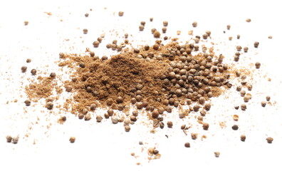 Fototapeta premium Coriander powder pile and grains isolated on white 