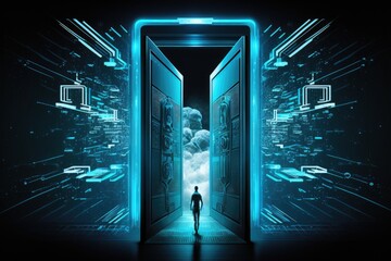 Silhouette of businessman in front of opened door with digital cloud hologram