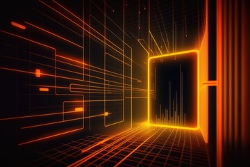Futuristic door with glowing lights in dark room