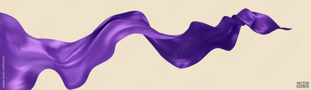 Sticker flying purple silk textile fabric flag background. smooth elegant purple satin isolated on beige bac