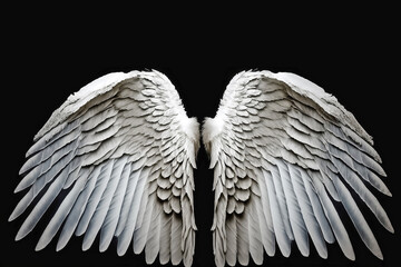White angel wings, rear view and isolated black background. Generative AI