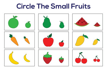 Circle the small fruits worksheets. A worksheet to know the smallest subject for kids or toddlers