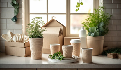 Fototapeta na wymiar Beige paper cups, beige plates, beige boxes on kitchen. Zero waste, plastic free concept. Generative AI