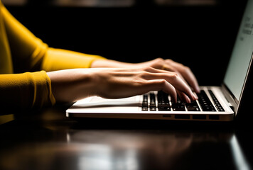 Woman working remotely in front of a laptop in her home office. Close-up of hands and keyboard. Online customer service concept for online stores or help desk. Generative ai