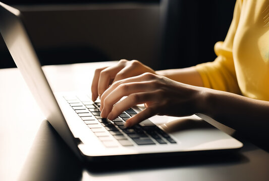 Woman working remotely in front of a laptop in her home office. Close-up of hands and keyboard. Online customer service concept for online stores or help desk. Generative ai