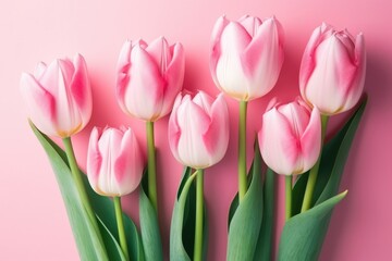 Fototapeta premium a colorful bouquet of pink tulips against a soft pink background