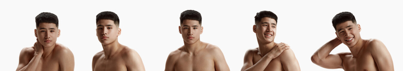 Collage. Set of images of young asian guy with clear, spotless face posing shirtless against white...