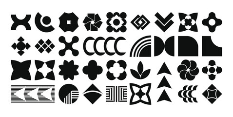 Contemporary brutal geometric shapes, Trendy retro modern minimalist design elements include arrows, circles, stars, round, spirals, and flowers in sleek, sharp lines vector illustration