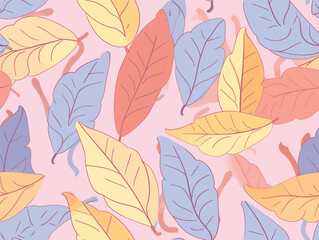 Autumn Hues: A Minimalist Leaf Pattern in Orange, Blue, and Purple with a Touch of Cute Cartoonish Design and Light Yellow-Pink Palette
