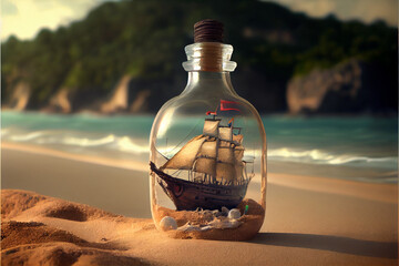 Pirate ship, miniature model, in a glass jar on the beach, on the sand, against the backdrop of the sea.