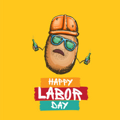 1 may labor day banner with cartoon funky labor potato character with sunglasses and orange helmet holding and drinking beer bottle isolated on orange background. Mayday cartoon poster design template