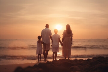 Fototapeta na wymiar Back view of a happy family on sunset, parents and children, generative AI
