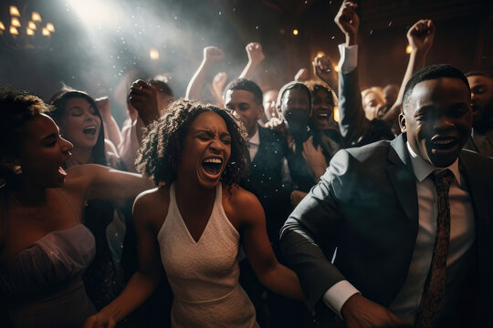 People celebrating their wedding on the dance floor with friends and family, generative AI