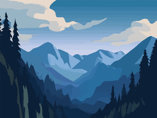 Blue Ridge Mountains: A Detailed Illustration of Trees and Peaks with Colorful Clouds"