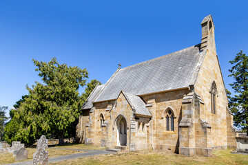 St John the Baptist church, Buckland, Tasmania, Australia. Built by convicts in 1846 and a replica of Cookham Dean parish church in Sussex, England. - obrazy, fototapety, plakaty