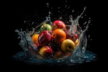 Fototapeta na wymiar Splash! Fruit Diving into Crystal Clear Water 4