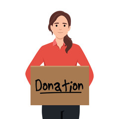 Woman Holding Donation Box Vector Illustration. Volunteer in humanitarian cause collecting altruist supporting aid doing community service and philanthropic gesture - obrazy, fototapety, plakaty