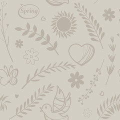 Birds, butterflies, flowers, sun and twigs in beige tones. Spring abstract background. Monochrome drawing. Vector seamless pattern.