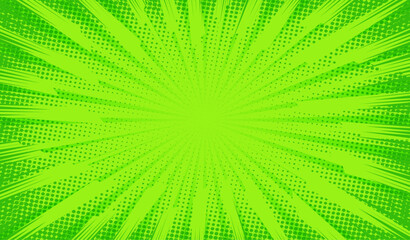 Comic background. Pop art texture. Starburst cartoon style. Anime design with explosion effect for print. Fun dot pattern. Green backdrop with halftone gradient. Funny line frame. Vector illustration