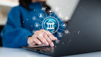 Virtual banking, technology finance concept. Women use fintech and digital innovation to provide convenient and secure internet banking.