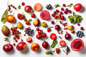 Naklejka na ściany i meble Assortment of red fresh vegetables and fruits on white background. Generative AI
