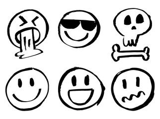 Emojis, different expressions. Vector illustration. Confused, happy, afraid, vomiting, disgusted, little skull, gloomy, crazy, peaceful. Drawing hand marker pen. Brush isolated on white background.