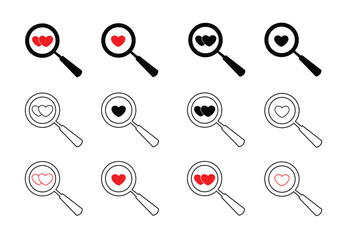 Heart love and magnifying glass vector icon. Love finder.