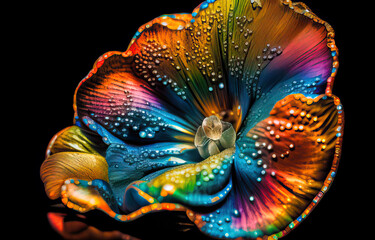 Multicolor flower with crystal dew drops background created with Generative AI technology