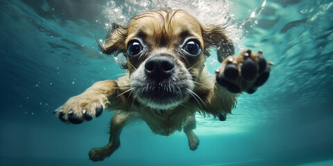 kleiner Hund springt ins Wasser und taucht unter, generative AI - obrazy, fototapety, plakaty