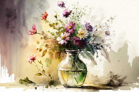 watercolor bouquet of flowers. Flowers, leaves, vase. Holiday, design element. ai generative