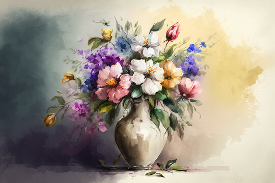 watercolor bouquet of flowers. Flowers, leaves, vase. Holiday, design element. ai generative