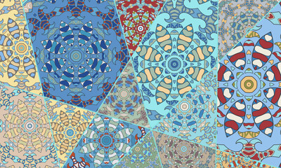 Vector patchwork quilt pattern. Vintage decorative collage. Hand drawn background. Indian, Arabic, Turkish motifs for printing on fabric or paper. Abstract colorful doodle pattern in mosaic style