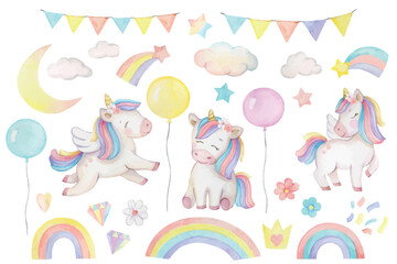 A set of vector cute watercolor unicorns and rainbow elements.