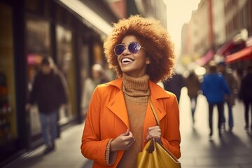 Happy luxury African woman travel shopping in urban city, vibrant, fashion, contemporary, lifestyle, generative AI