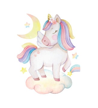 A watercolor vector Unicorn stands on a rainbow cloud.