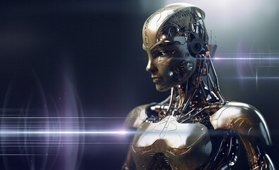 Cyborg, ai and alien robot on mockup in futuristic technology, cyberspace or android machine...